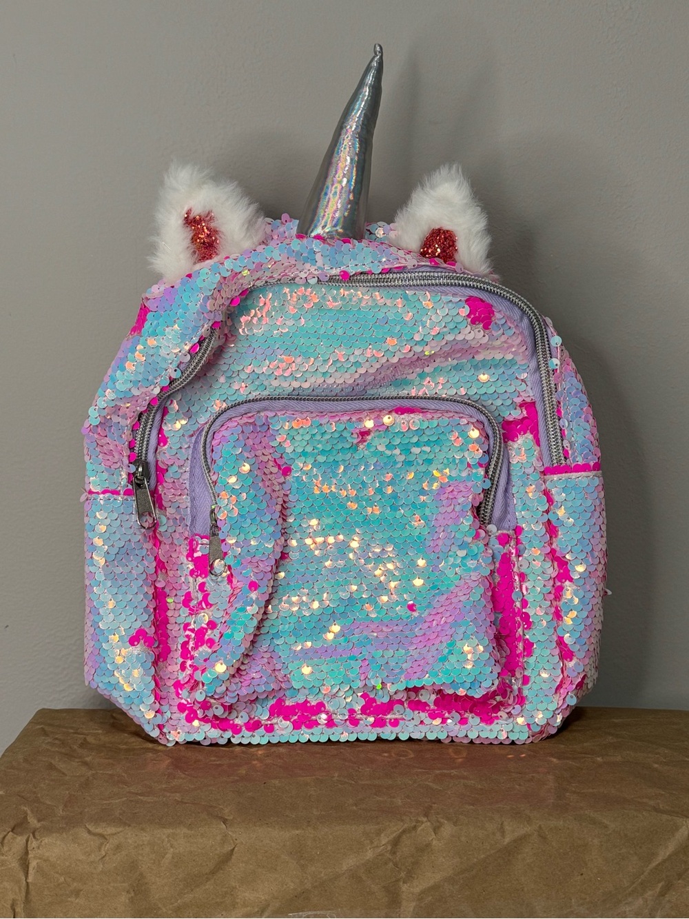 Cat & Jack Iridescent Sequin Unicorn Backpack - Pink & Light Blue